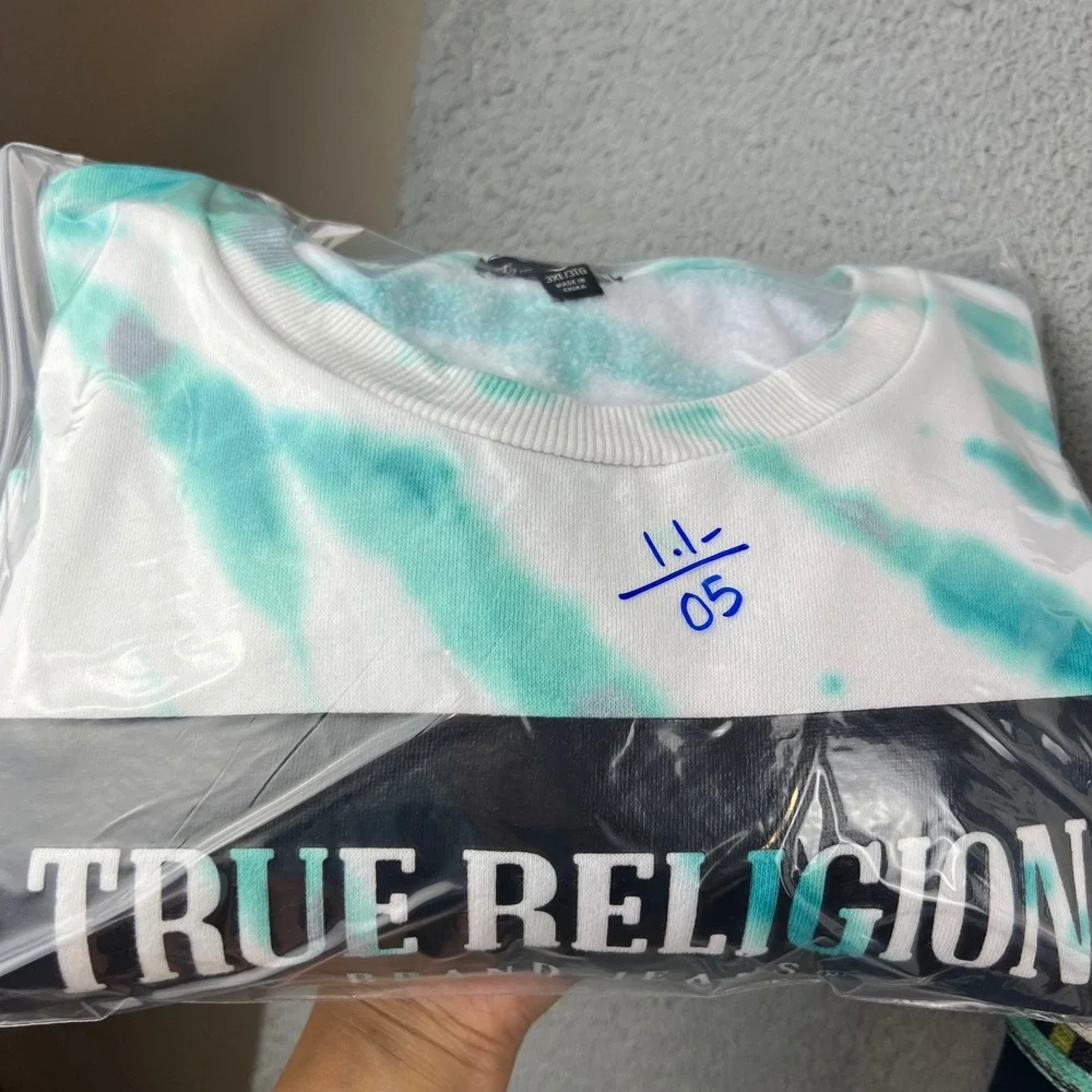 True Religion Mens 3XL Tie Dye Box Logo Crewneck Sweatshirt Teal White Pullover